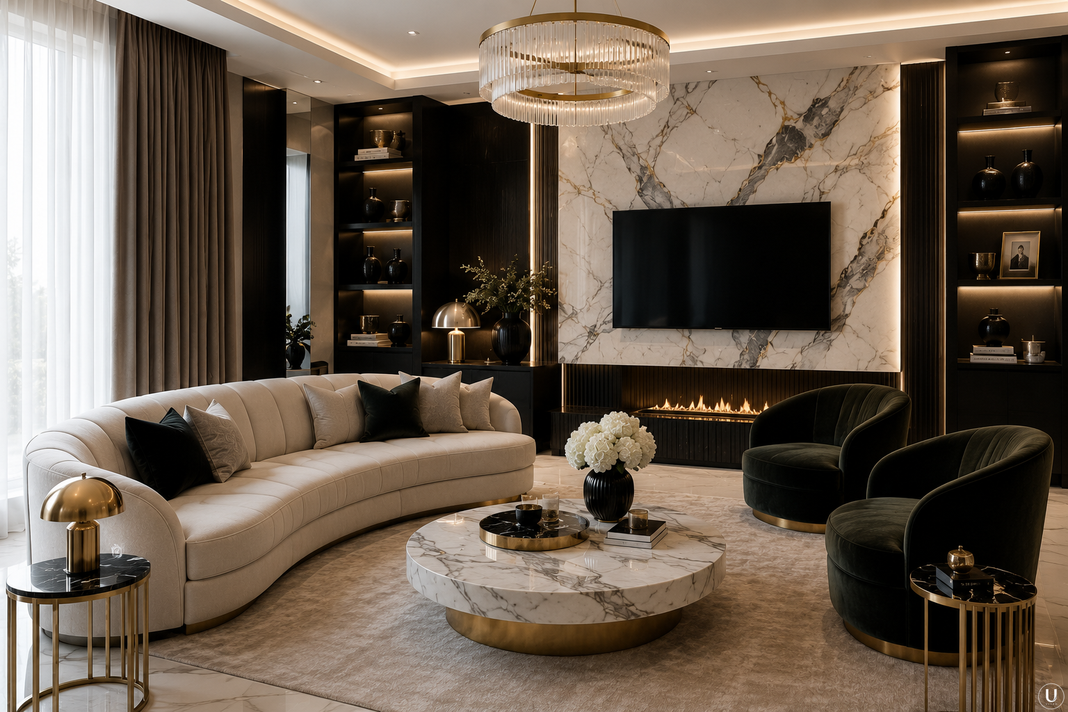 Un salon chic entre marbre et velours