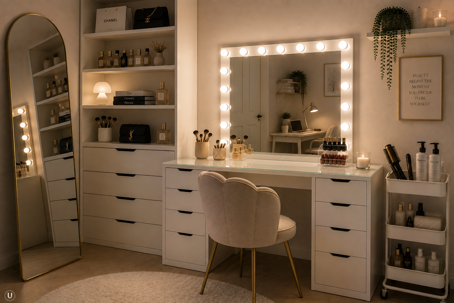 Une beauty room glamour aux tons crème