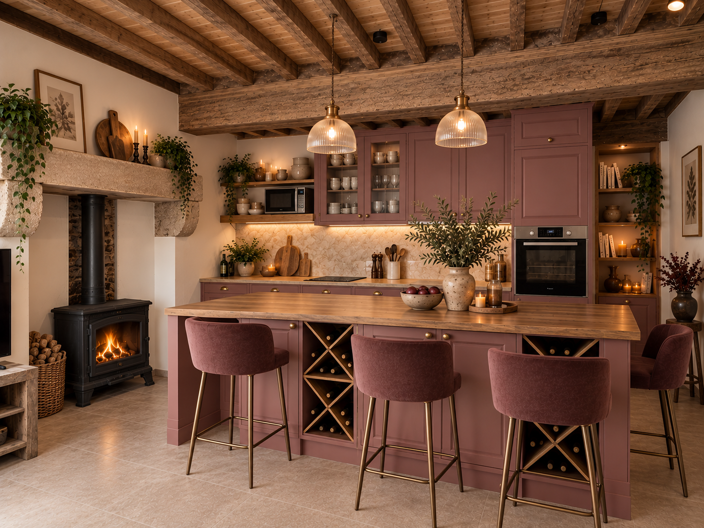 Une cuisine rustique aux tons prune rosé