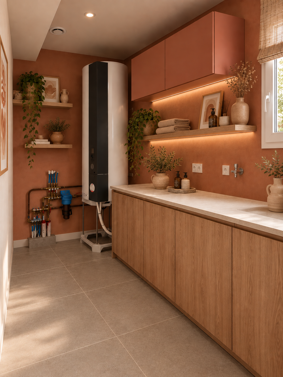 Une buanderie bohème couleur terracotta