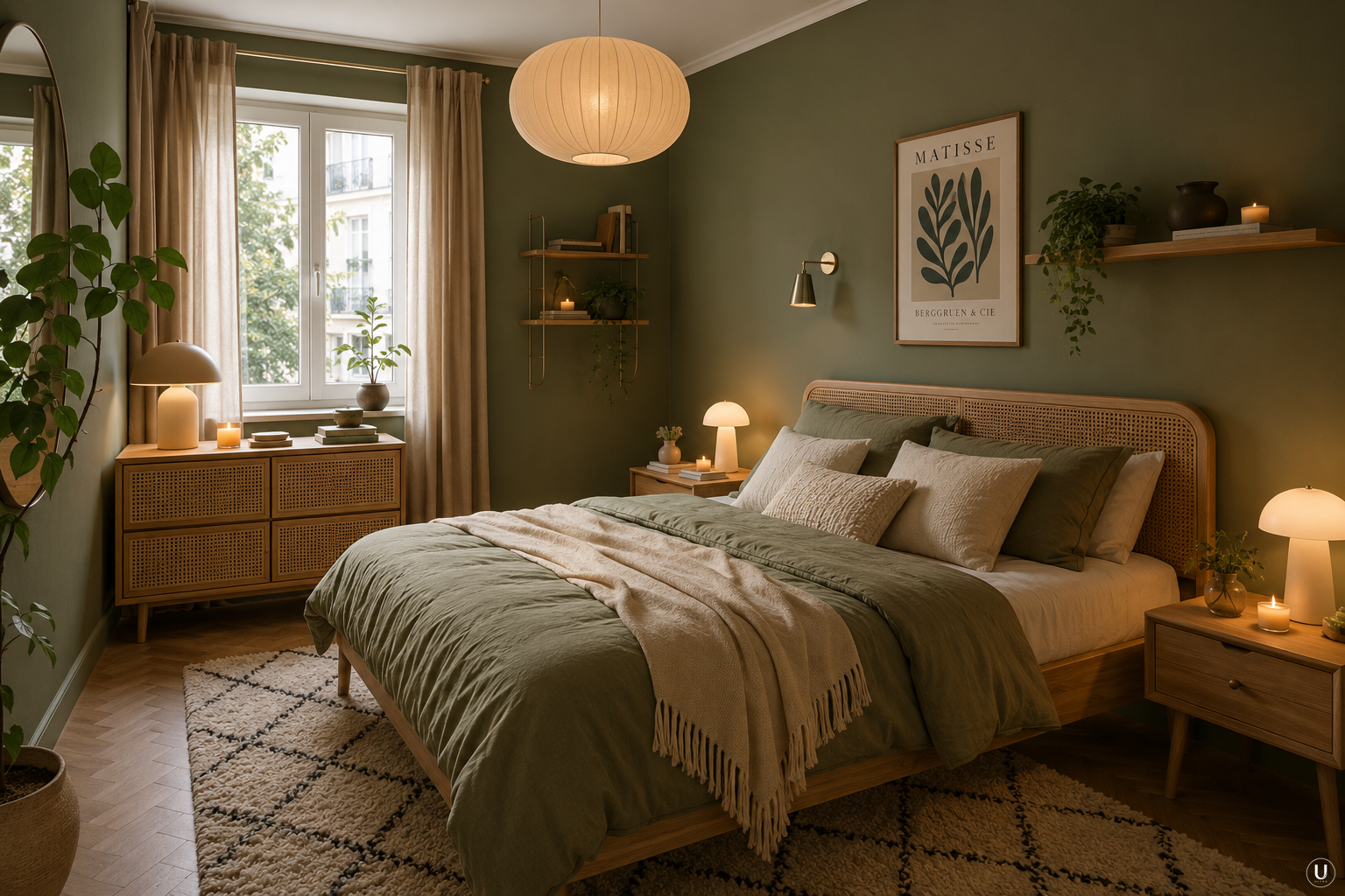 Une chambre bohème aux tons olive