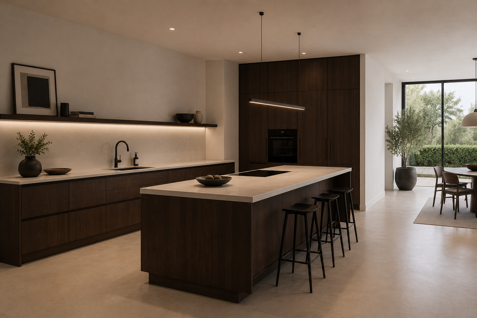Une cuisine moderne en bois foncé