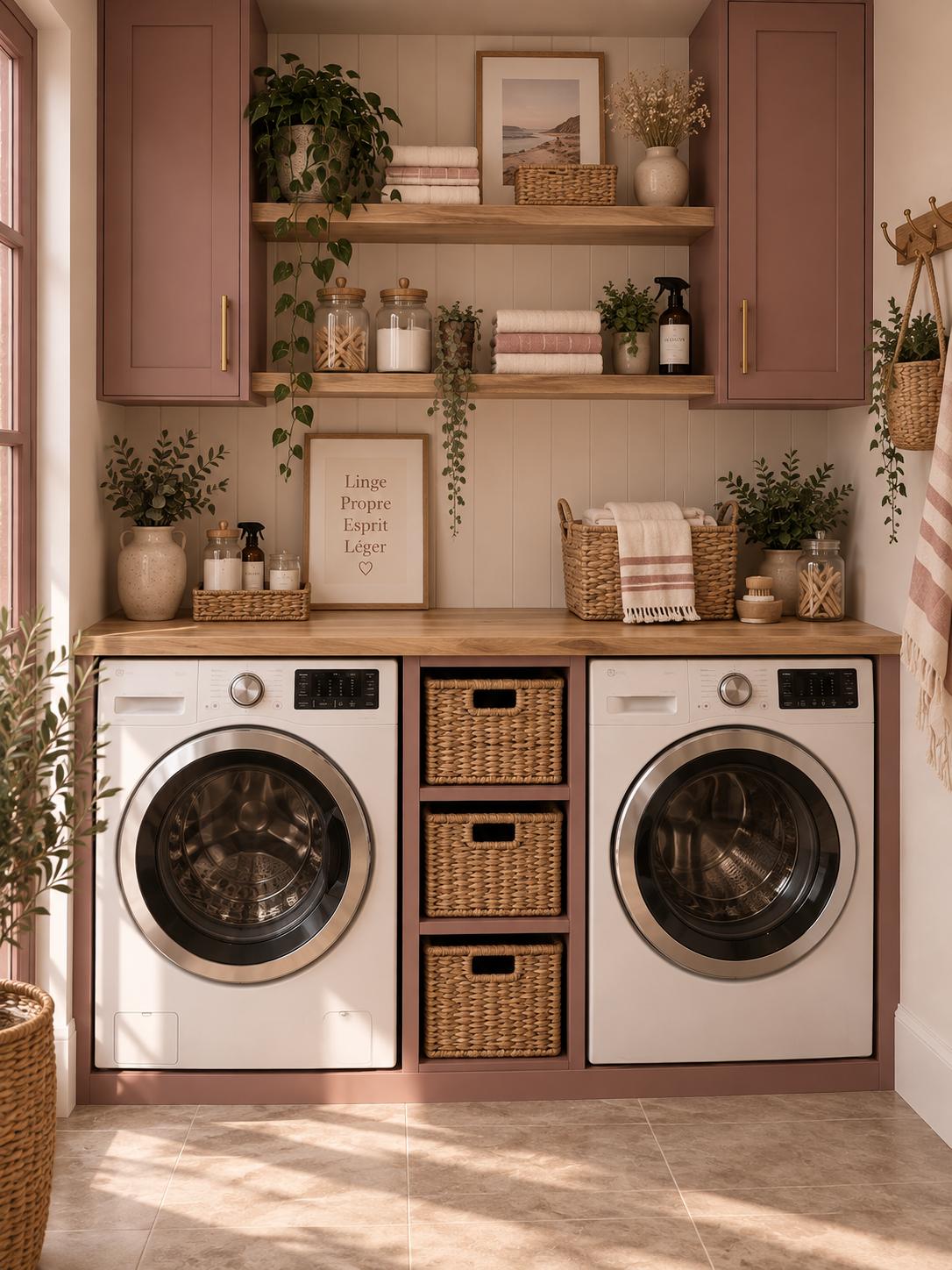 Une buanderie scandinave aux tons prune rosé