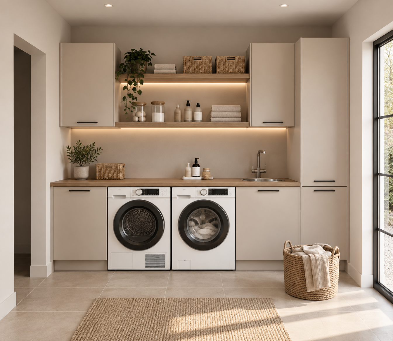 Une buanderie minimaliste aux tons beige